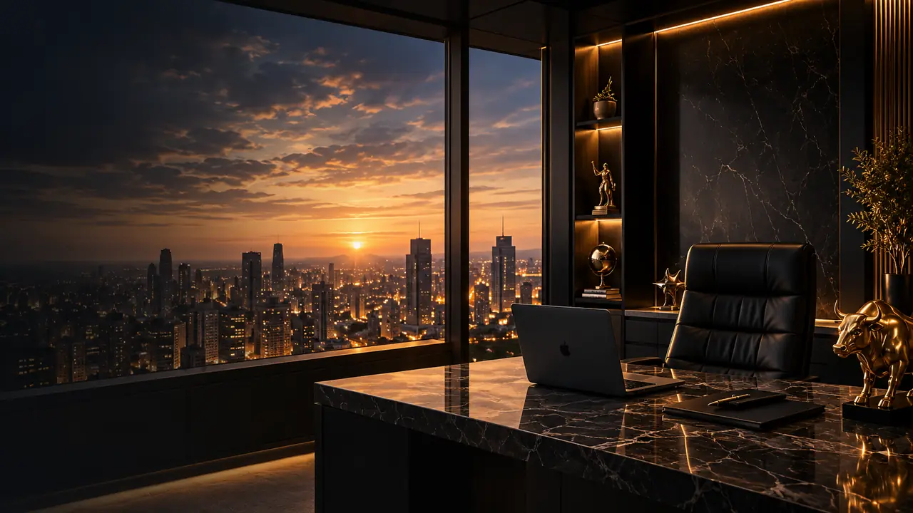 Escritório com mesa de mármore e vista para a cidade ao pôr do sol