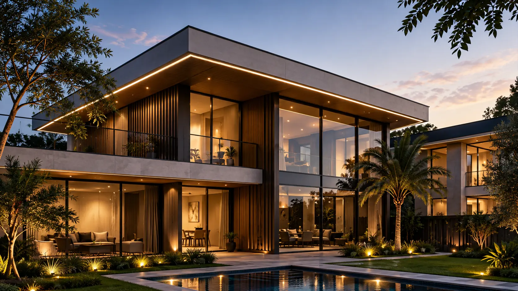 Casa moderna de alto padrão ao anoitecer, com piscina e jardim iluminados